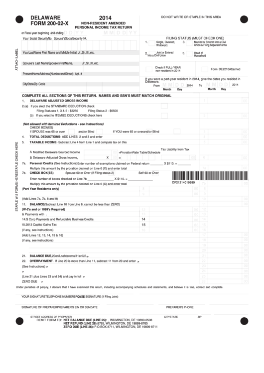Fillable Form 200-02-X - Non-Resident Amended Personal Income Tax Return - 2014 Printable pdf