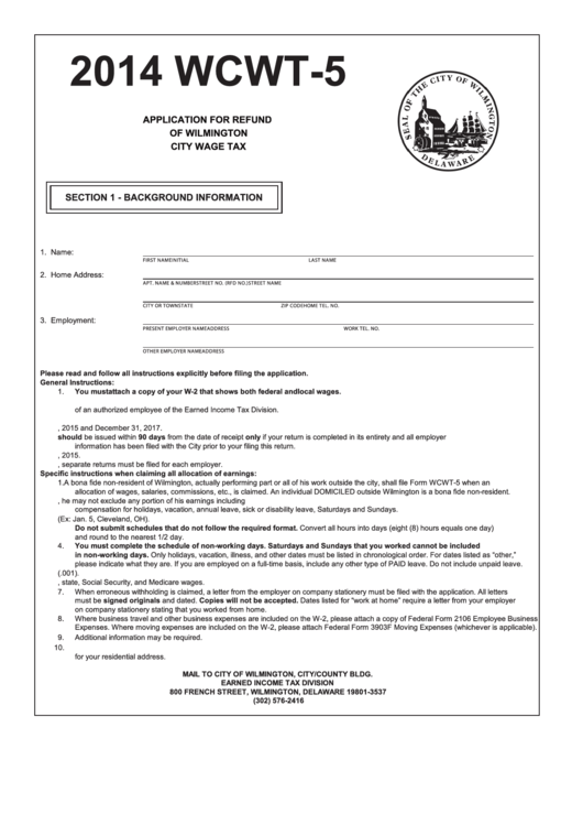 Form Wcwt-5 - Application For Refund Of Wilmington City Wage Tax - 2014 Printable pdf