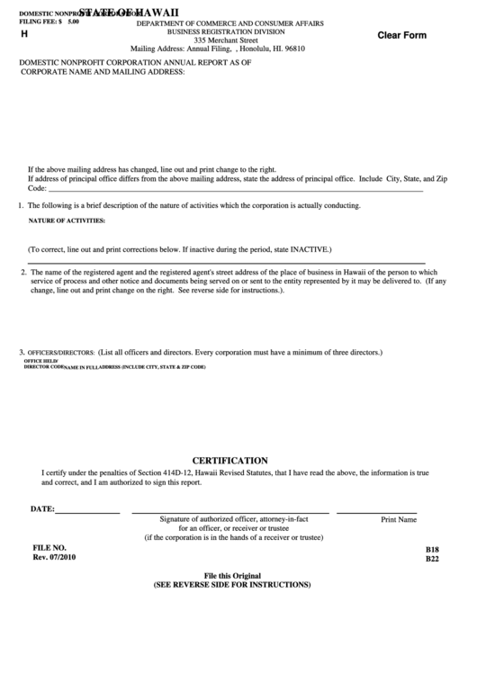 Fillable Domestic Nonprofit Corporation Annual Report Form - Department Of Commerce And Consumer Affairs - 2010 Printable pdf