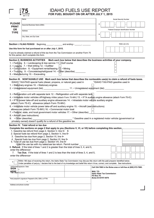Form 75 - Idaho Fuels Use Report Printable pdf