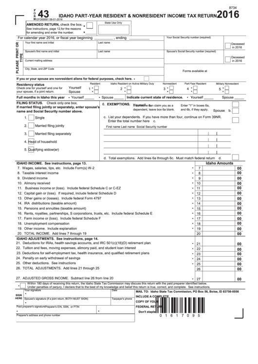 Form 43 - Idaho Part-year Resident & Nonresident Income Tax Return - 2016