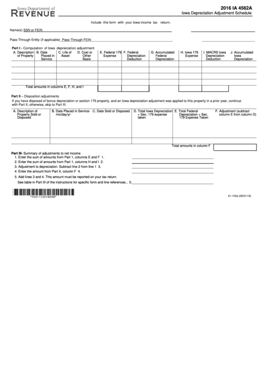 Fillable Form Ia 4562a - Iowa Depreciation Adjustment Schedule - 2016 Printable pdf