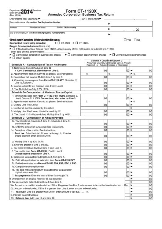 Form Ct-1120x - Amended Corporation Business Tax Return - 2014 Printable pdf