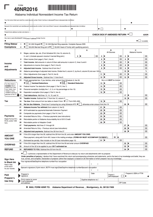 Form 40nr - Alabama Individual Nonresident Income Tax Return - 2016 Printable pdf