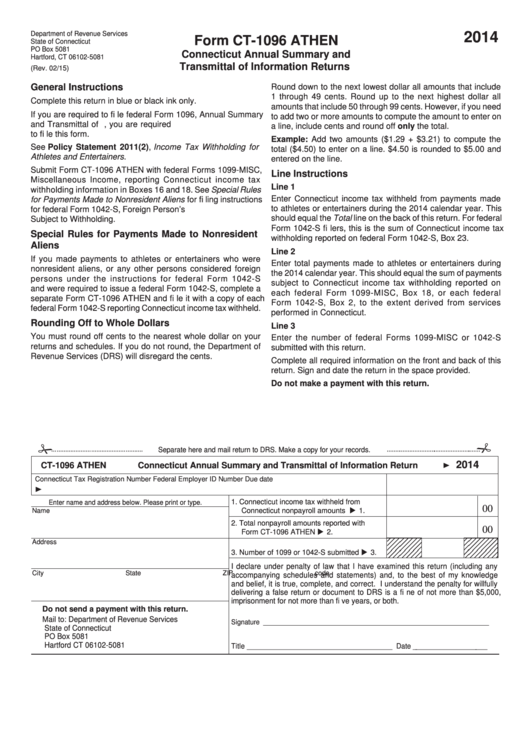 Form Ct-1096 Athen - Connecticut Annual Summary And Transmittal Of Information Returns - 2014 Printable pdf