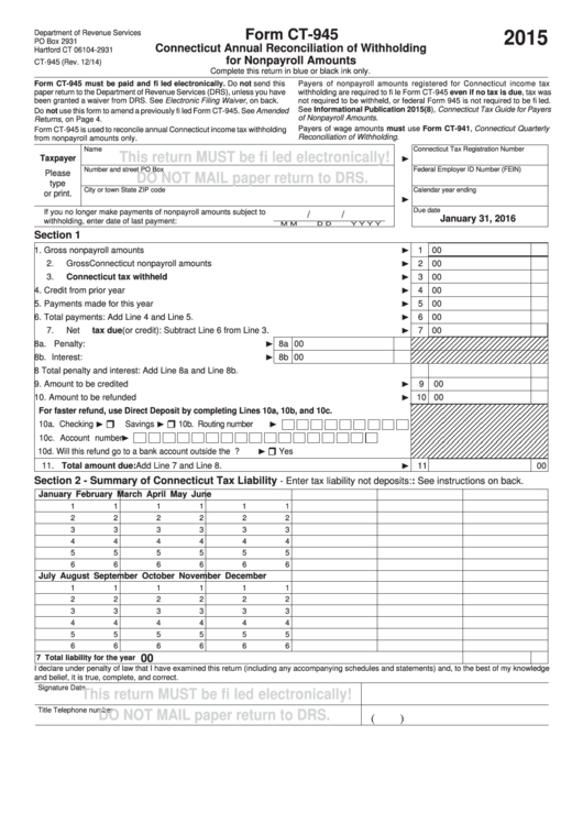 Form Ct-945 - Connecticut Annual Reconciliation Of Withholding For Nonpayroll Amounts - 2015 Printable pdf