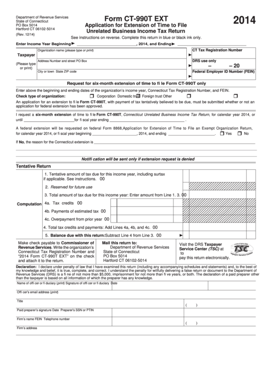 Form Ct-990t Ext - Application For Extension Of Time To File Unrelated Business Income Tax Return - 2014 Printable pdf