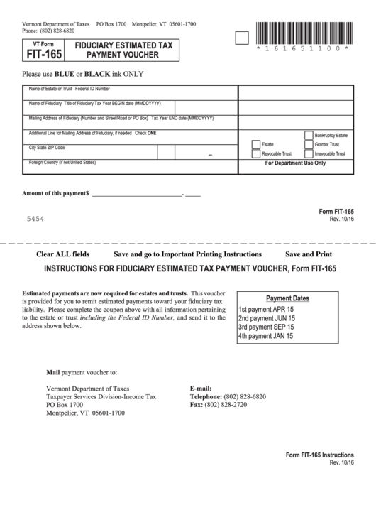 Fillable Vt Form Fit-165 - Fiduciary Estimated Tax Payment Voucher - 2016 Printable pdf