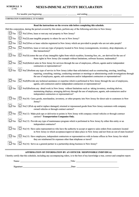 Schedule N - Nexus-Immune Activity Declaration Form - 1996 Printable pdf