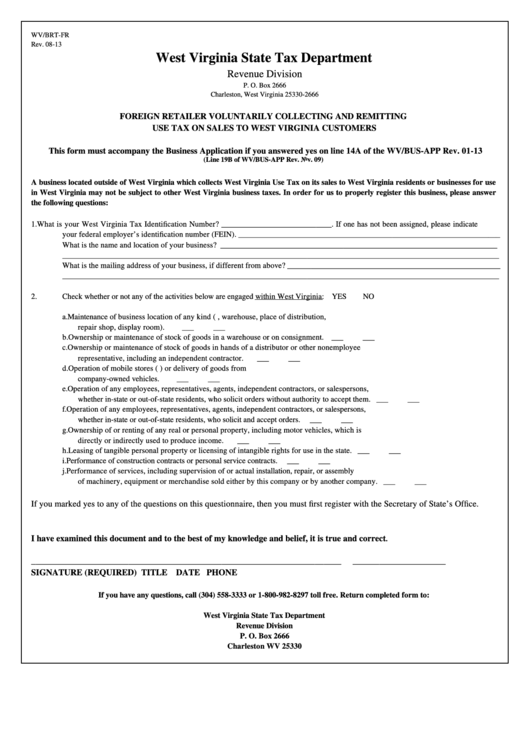 Form Wv/brt-Fr - Foreign Retailer Voluntarily Collecting And Remitting Use Tax On Sales To West Virginia Customers Printable pdf