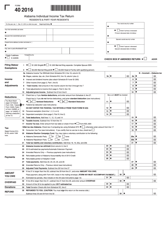 Form 40 - Individual Income Tax Return - 2016 Printable pdf