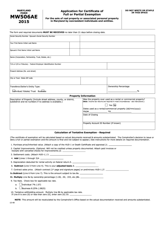 Fillable Form Mw506ae - Application For Certificate Of Full Or Partial Exemption - 2015 Printable pdf