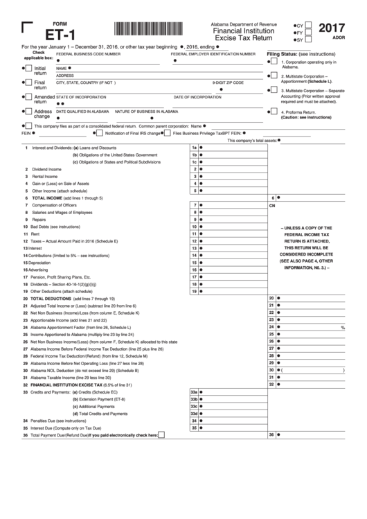 Fillable Form Et-1 - Financial Institution Excise Tax Return - 2017 Printable pdf