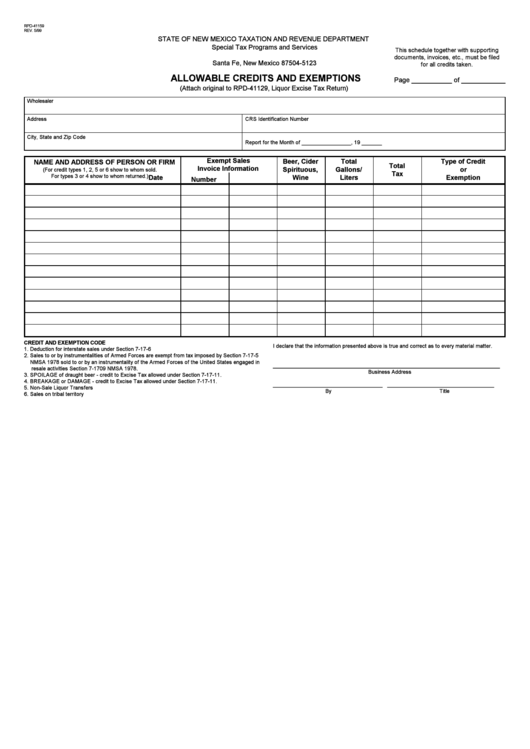 Allowable Credits And Exemptions Form - 1999 Printable pdf