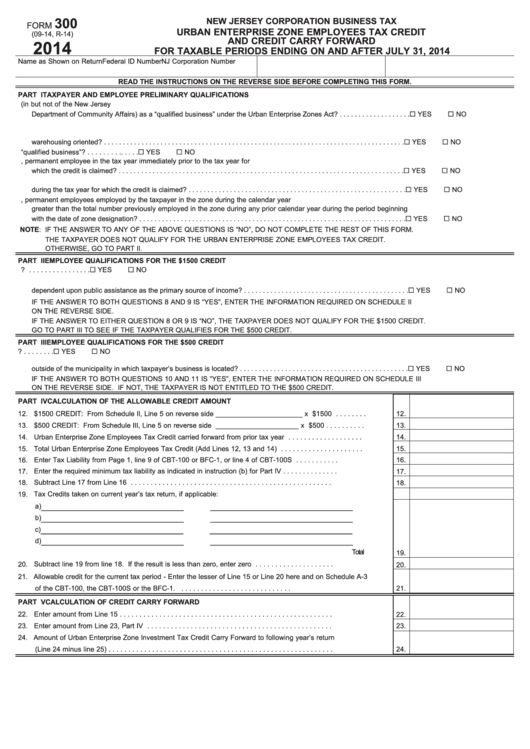 Fillable Form 300 - Urban Enterprise Zone Employees Tax Credit And Credit Carry Forward - 2014 Printable pdf