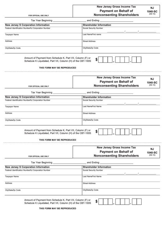 Fillable Form Nj 1040-Sc - Payment On Behalf Of Nonconsenting Shareholders - 2015 Printable pdf