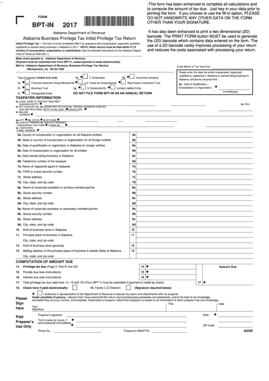 Form Bpt-In - Alabama Business Privilege Tax Initial Privilege Tax Return - 2017 Printable pdf