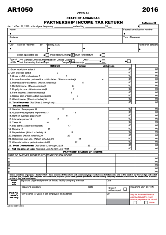 Form Ar1050 - Partnership Income Tax Return - 2016 Printable pdf