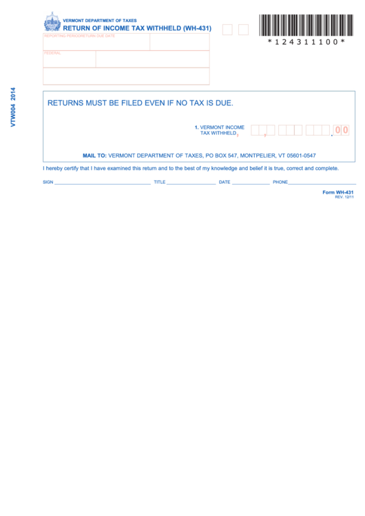 Form Wh-431 - Return Of Income Tax Withheld (Wh-431) Printable pdf