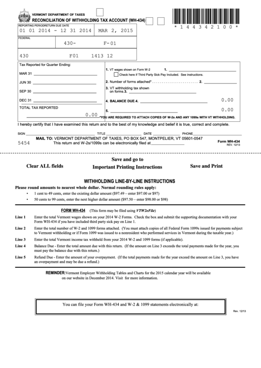Fillable Form Wh-434 - Reconciliation Of Withholding Tax Account Printable pdf