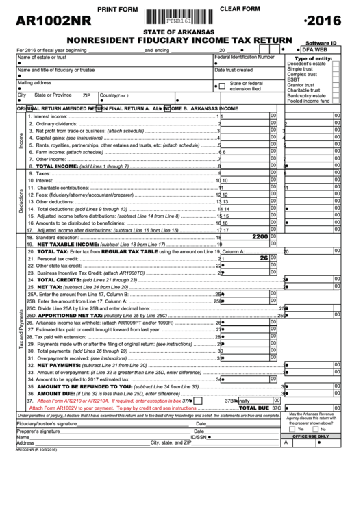 Fillable Form Ar1002nr - Nonresident Fiduciary Income Tax Return Printable pdf