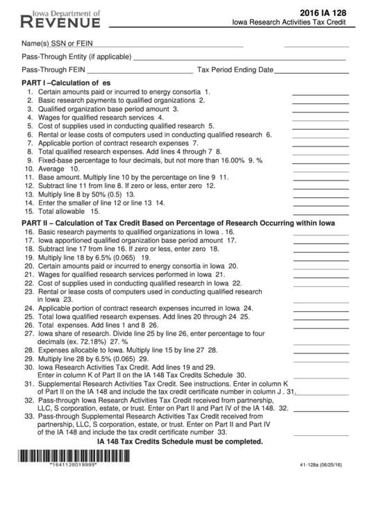 Fillable Form Ia 128 - Iowa Research Activities Tax Credit - 2016 Printable pdf