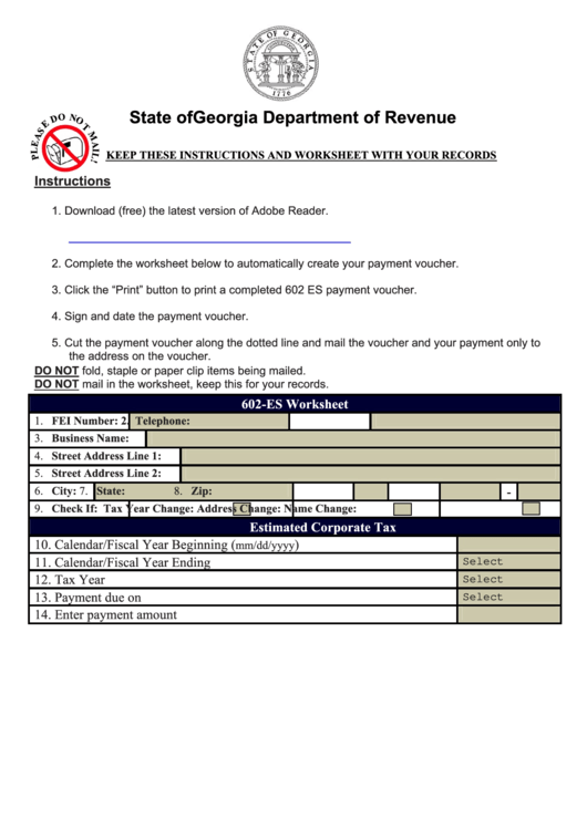 Form 602-Es - Worksheet/corporate Estimated Tax - 2016 Printable pdf