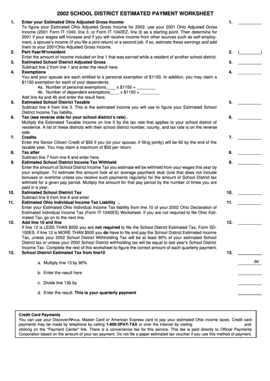 School District Estimated Payment Worksheet - 2002 Printable pdf