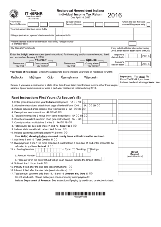 Fillable Form It-40rnr - Reciprocal Nonresident Indiana Individual Income Tax Return - 2016 Printable pdf