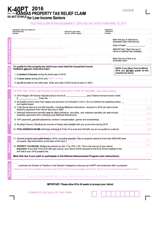 Fillable Form K-40pt - Property Tax Relief Claim - 2016 Printable pdf