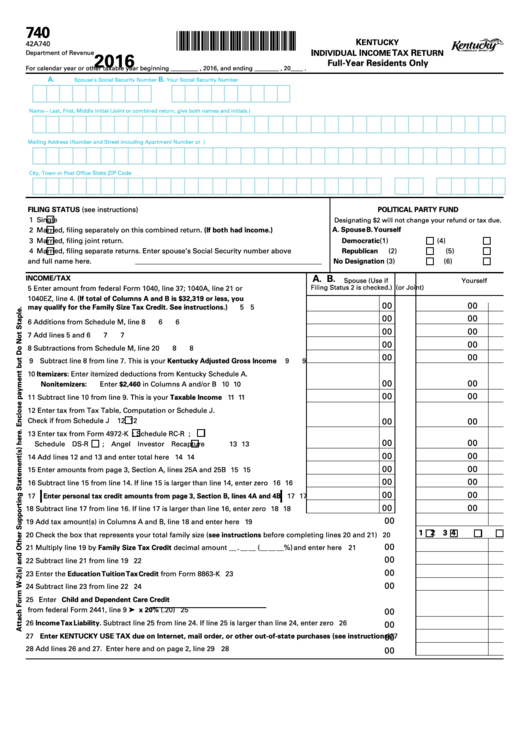 Fillable Form 740 - Kentucky Individual Income Tax Return Full-Year Residents Only - 2016 Printable pdf