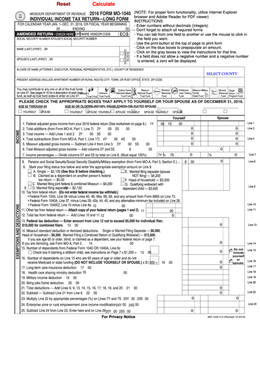 Fillable Form Mo-1040 - Individual Income Tax Return - Long Form - 2016 Printable pdf