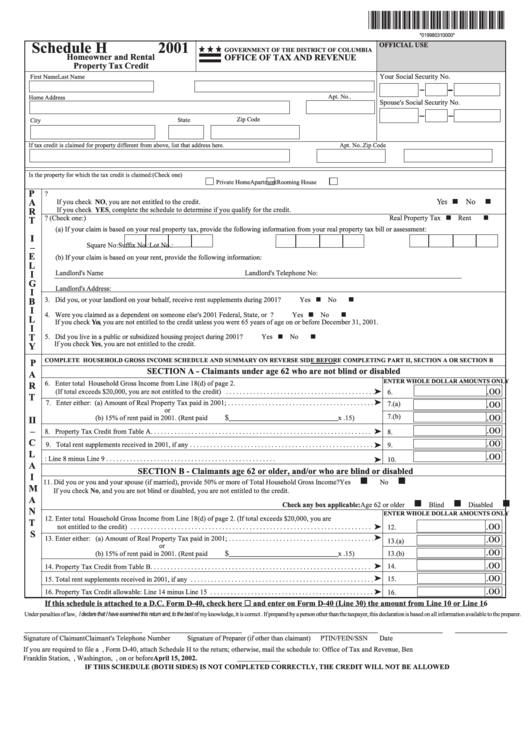 Schedule H Form - Homeowner And Rental Property Tax Credit - 2001 Printable pdf