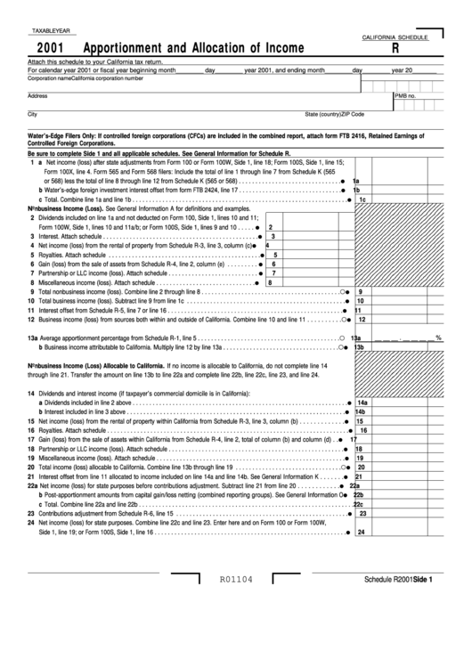 California Schedule R - Apportionment And Allocation Of Income - 2001 Printable pdf