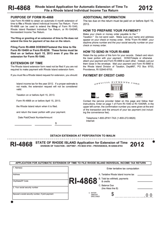 Form Ri-4868 - Application For Automatic Extension Of Time To File Rhode Island Individual Income Tax Return - 2012 Printable pdf