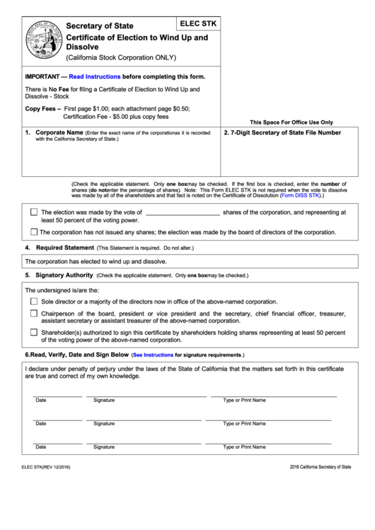 Fillable Form Elec Stk - Certificate Of Election To Wind Up And Dissolve Printable pdf