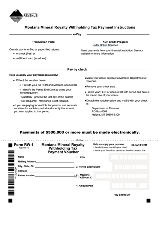 Form Rw-1 - Montana Mineral Royalty Withholding Tax Payment Voucher Printable pdf