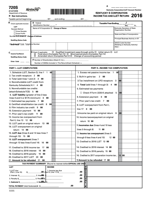 Fillable Form 720s - Kentucky S Corporation Income Tax And Llet Return - 2016 Printable pdf