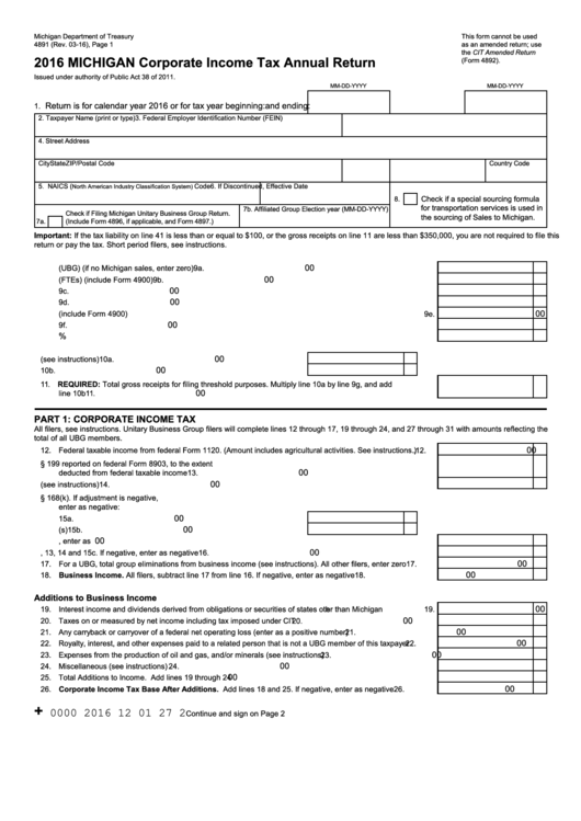 Form 4891 - Corporate Income Tax Annual Return - 2016 Printable pdf