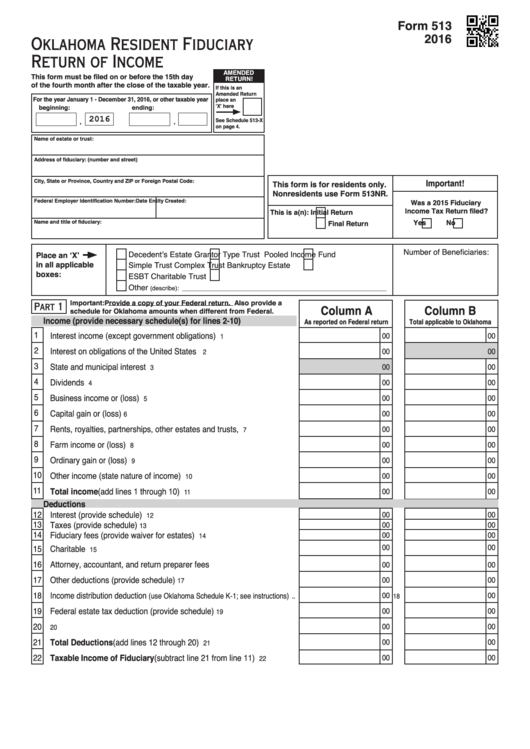 Fillable Form 513 - Resident Fiduciary Return Of Income - 2016 Printable pdf