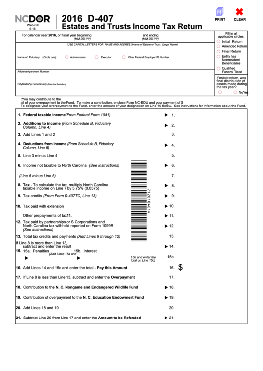 Fillable Form D-407 - Estates And Trusts Income Tax Return - 2016 Printable pdf