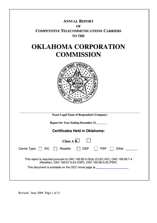 Annual Report Of Competitive Telecommunications Carriers To The Oklahoma Corporation Commission Form - 2004 Printable pdf