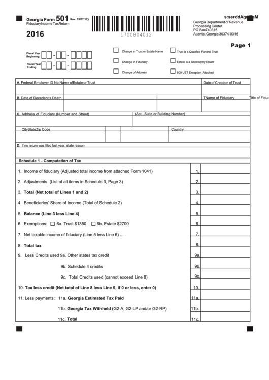 Fillable Georgia Form 501 - Fiduciary Income Tax Return - 2016 Printable pdf