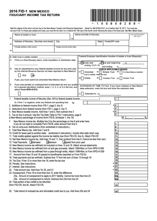 Form Fid-1 - New Mexico Fiduciary Income Tax Return - 2016 Printable pdf