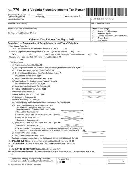 Fillable Form 770 - Virginia Fiduciary Income Tax Return - 2016 Printable pdf