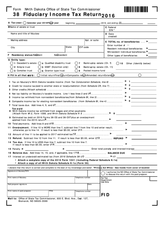 Fillable Form 38 - Fiduciary Income Tax Return - 2016 Printable pdf
