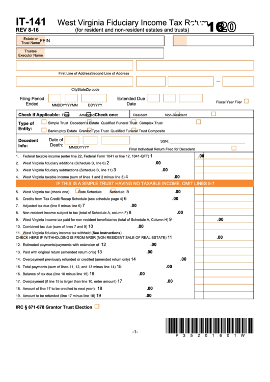 Form It-141 - West Virginia Fiduciary Income Tax Return - 2016 Printable pdf