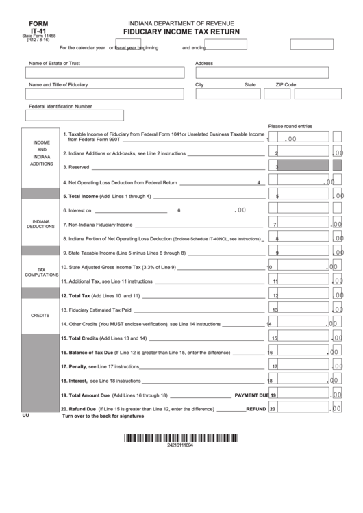 Fillable Form It-41 - Fiduciary Income Tax Return - 2016 Printable pdf