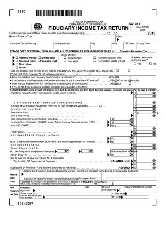 Form Sc1041 - Fiduciary Income Tax Return - 2016 Printable pdf