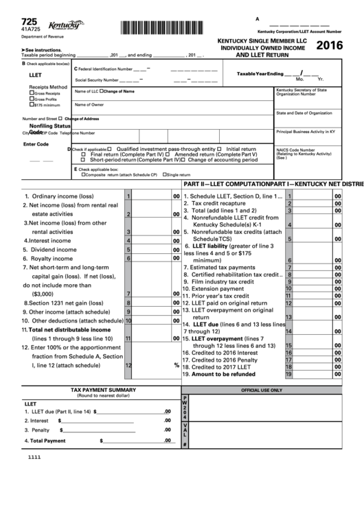 Fillable Form 725 - Single Member Llc Individually Owned Income And Llet Return - 2016 Printable pdf